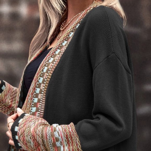 Black Cardigan Aztec Western Bohemian Print Knit Long Sleeve - Picture 8 of 16